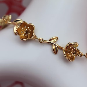 18K Gold Plated Poppies Delicate Bracelet: 3D Link, Toggle or Lobster Clasp, Floral/Botanical Jewelry.