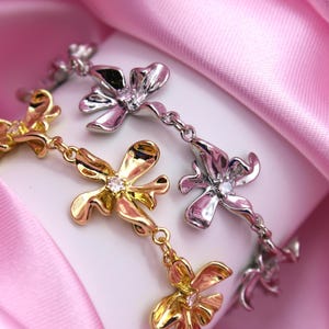 18K Gold Plated Floral Bracelet: Cubic Zirconia Flower, &quot;Morning Breeze&quot;
