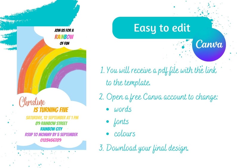 Rainbow Party Invitation Digital File Editable Invitation Etsy UK