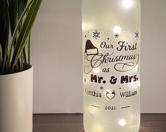 Personalized First Christmas Married Lighted Wine Bottle, Mr and Mrs First Christmas Decor Christmas Gift For him/her, Battery Powered LED