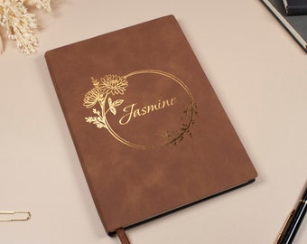 Customized Birth Flower Journal, Personalized Notebook Birthday Gift For Her, Custom Leather Journal Gift for Best Friends, Planner Gift