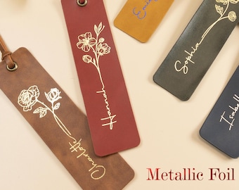 Marque-page en cuir personnalisé avec nom imprimé sur une feuille de fleurs de naissance, cadeau d'anniversaire personnalisé pour les amateurs de lecture, cadeau de demoiselle d'honneur, cadeau de mariage