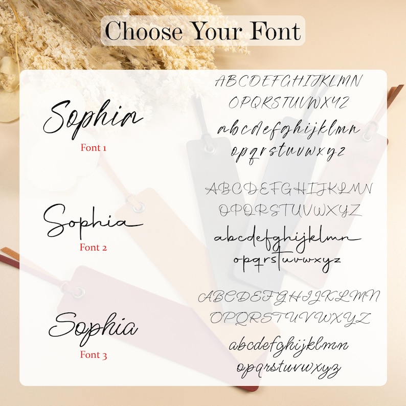 May include: Image showing bookmark designs with the name "Sophia" in three fonts. The text "Choose Your Font" is displayed. Each font is shown with the full alphabet, both upper and lower case.