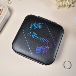 Birth Flower Jewelry Travel Case, Birth Month Flower Gift, Personalized Birthday Gift, Leather Jewelry Box for Bridal Party, Bridesmaid Gift