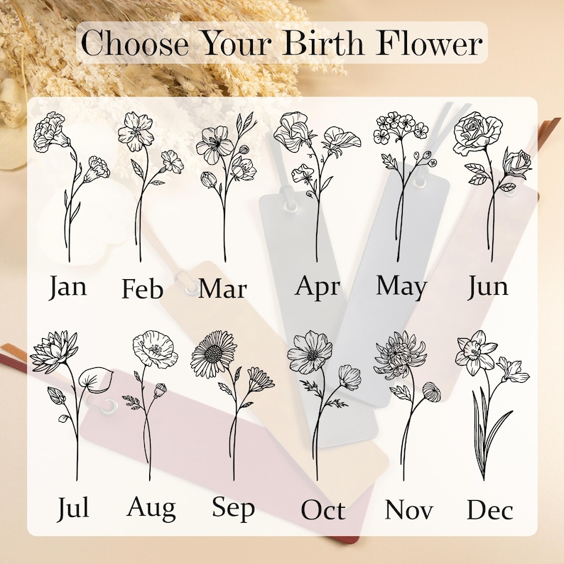 May include: A selection of floral bookmarks, each representing a birth flower for each month. The text "Choose Your Birth Flower" is at the top. Each bookmark features a delicate line drawing of a flower and the month it represents.