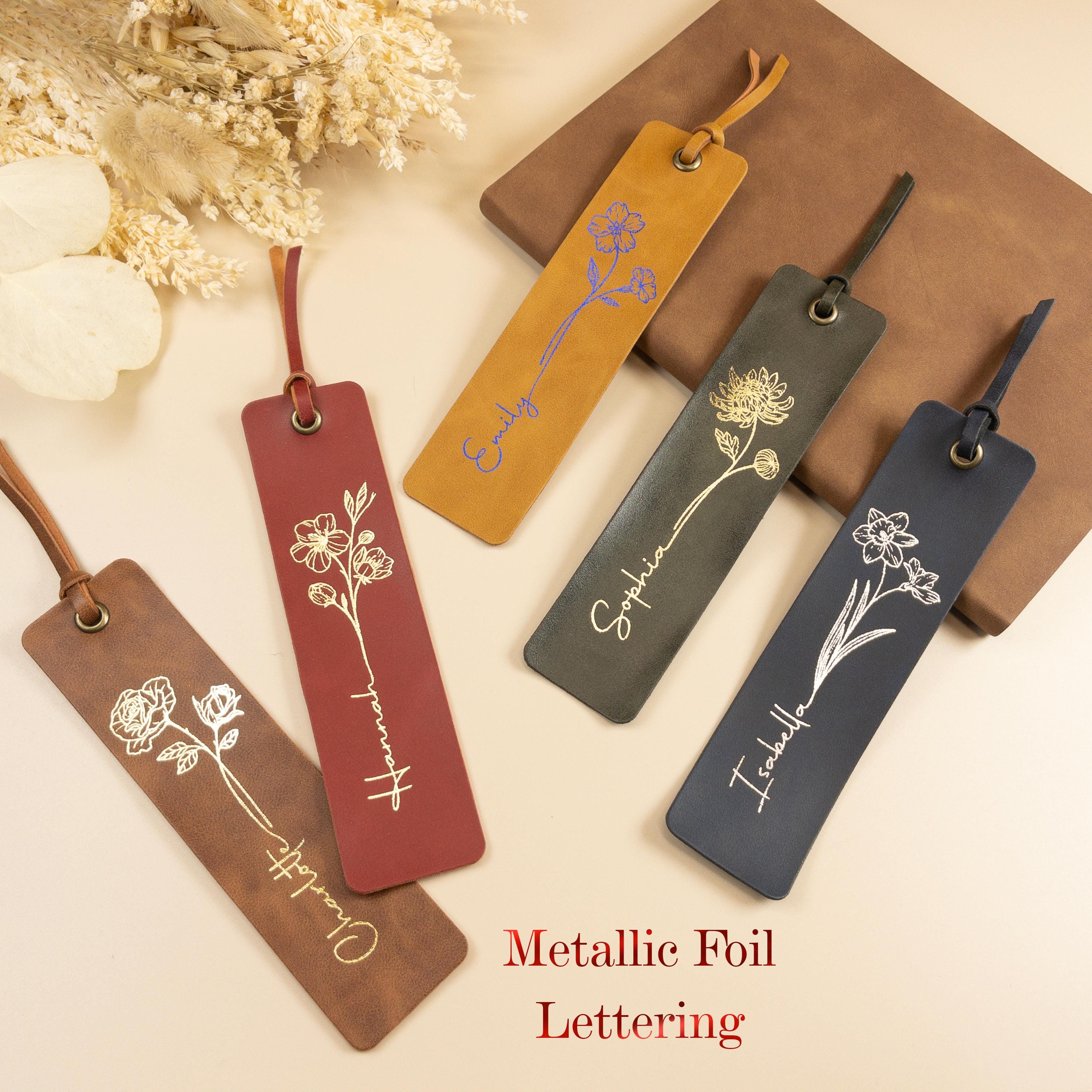 Custom Leather Bookmark with Birth Flower Foil Printed Name, Personalized Birthday Gift for Book Lovers, Bridesmaid Gift, Wedding Gift