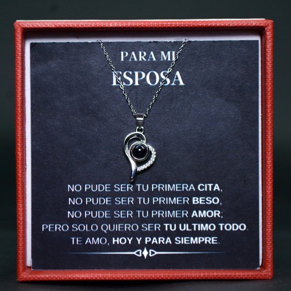 Collar De Corazon Con Dije De Plata Con Frase "Te Amo" en 100 Idiomas y Caja De Regalo Para Esposa