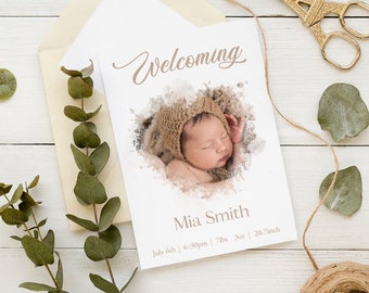 Newborn Baby Birth Template, Printable Photo Birth Card, Birth Stats Card, Birth Announcement With Pictures, digital printable card
