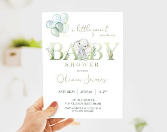 Baby Shower little elephant Invitation card, Baby gold design, Little peanuts, Baby shower design, Digital and Print file, Baby , editable