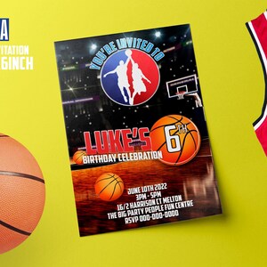 Conception de carte d’invitation d’anniversaire de basket-ball, carte de joueur NBA, Bday, équipe de basket-ball, invitation de sport numérique et imprimée