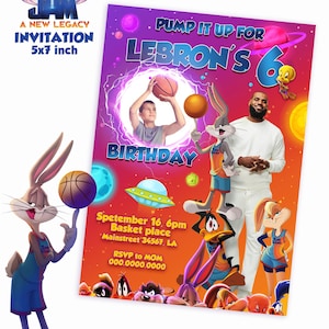 Lebron James, Conception de carte d’invitation Space Jam, pour les enfants, invitation de carte d’anniversaire de basket-ball