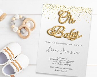 Baby Shower Invitation card, Baby gold design, Golden text Balloon