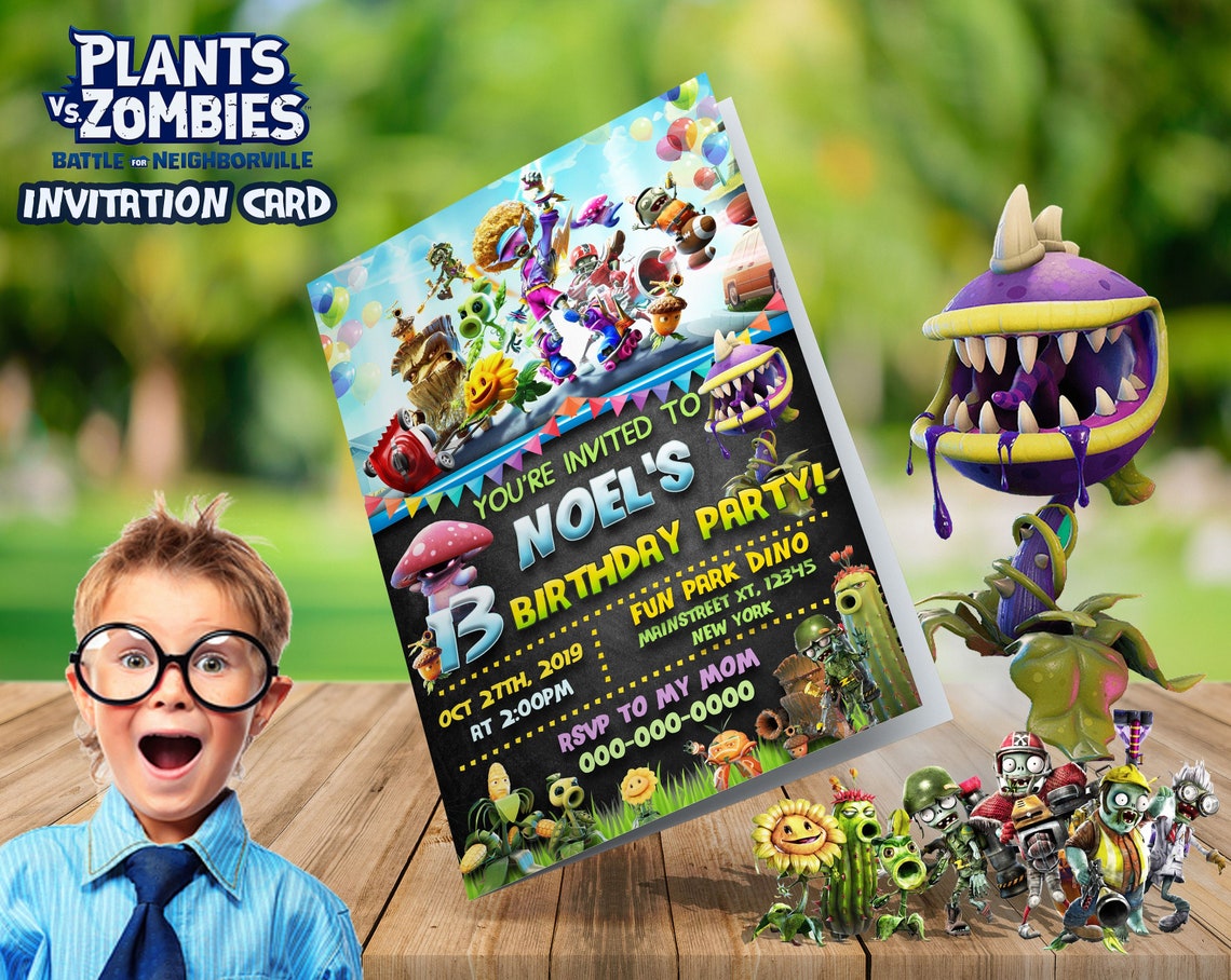 Kids Birthday Invitation Card Design, Zombie, Plants Digital Print - Etsy