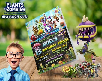 Kids birthday invitation card design, Zombie, Plants digital print