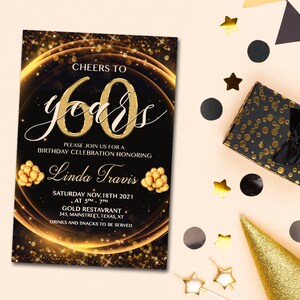 Carte d'invitation d'anniversaire, texture noire dorée, anniversaire, 60e, 40e, 50e