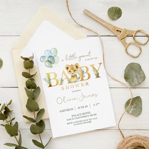 Cartão de convite para chá de bebê pequeno tigre, design dourado para bebê, amendoins, design para chá de bebê, arquivo digital e impresso, bebê, editável