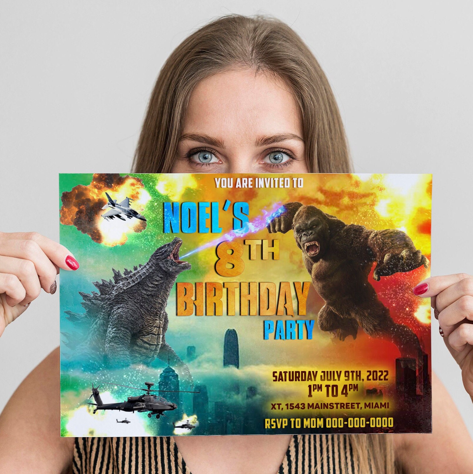 Godzila Vs. Kong Invitation Card Design, Digital Print, Editable