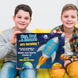 Space Rocket cartoon birthday invitation card design for kids, digital print