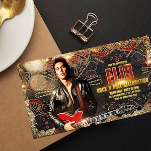 Carte d'invitation d'anniversaire rock'n'roll, années 60, 70, invitation à une fête rockabilly, fichier numérique et imprimé, conception d'invitation rock'n'roll Elvis