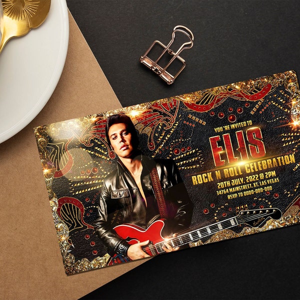 Rock'n'Roll Birthday invitation card, 60s, 70s, Rockabilly Party Invitation, digital and print file, Elvis rock'n'roll invitation design