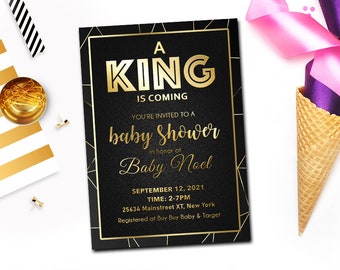 Baby Shower Invitation card design, golden black texture, golden king, Baby shower party card, King kong, Shower party, Digital and print