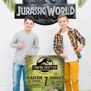 ジュラシック ワールドの誕生日招待状デザイン、ジュラシック パークの T-rex、子供向け、デジタル印刷