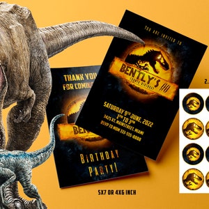 Diseño de tarjeta de invitación de cumpleaños de Jurassic World, Cake toppers, Tarjeta de agradecimiento, Jurassic World Birthday Pack, Impresión digital, T-rex, Raptor