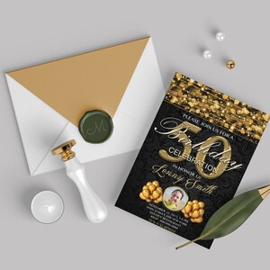 Zaproszenie na 40., 50., 60. urodziny, złoty czarny wzór, złoty brokat, rocznica