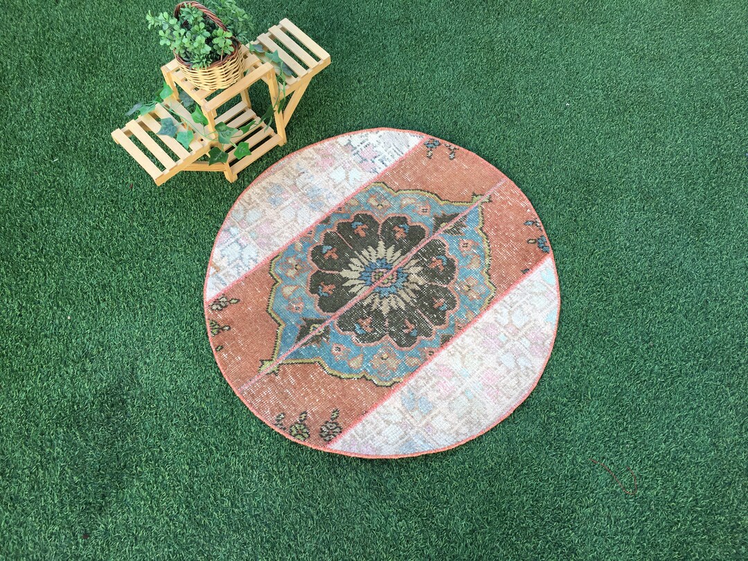 2.5 Ft. Oriental Rug , Vintage Round Rug , Turkish Round Rug , Patchwork Circular Rug , Round