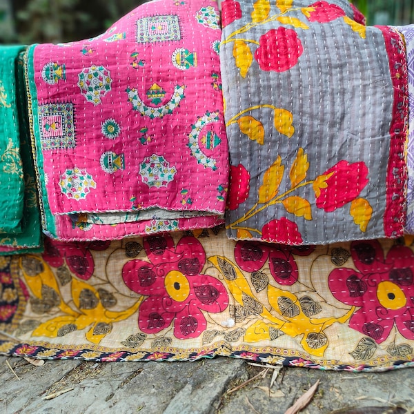 wholesale lot of indian vintage kantha quilt handmade throw reversible blanket bedspread cotton fabric bohemian quilting twin size bed cover