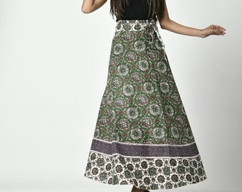 Green Indian Vintage Cotton Wrap Skirt Dress Wrap Around Skirt Indian Cotton Printed Skirt