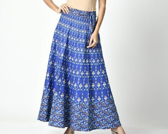 Blue Natural Cotton Wrap Skirt For Women And Girls / Block Print Skirt / Long Maxi Skirt.