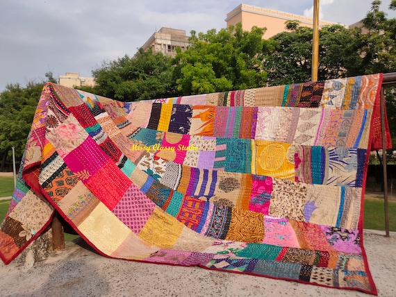 Indian hand stitched quilt silk kantha throw patchwork blanket vintage bed cover