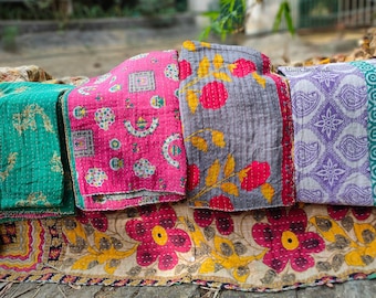 Lot en gros de couette Kantha vintage indienne faite à la main, couverture réversible, couvre-lit en coton, tissu bohème, courtepointe, taille double, couverture de lit