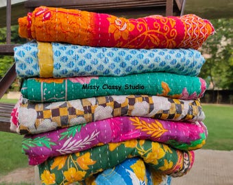 Boho vintage cotton sari quilts reversible kantha blanket handmade decor item