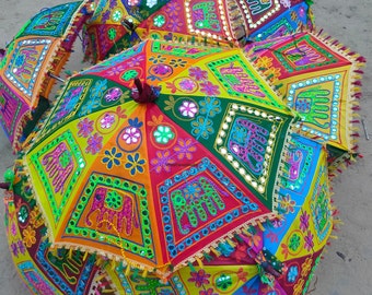 Indian Handmade Patch Work Garden Umbrella Elephant Embroidered Sun Parasols Mehndi Party Wedding Decor Cotton Beach Umbrellas