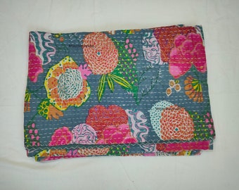 Floral Print Indian Kantha Quilt Bohemian Kantha Quilts Handmade Quilts Indian Kantha Throw Blanket Bedspread Quilting Bed Cover,