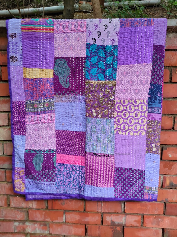 Indian handmade patchwork Silk/cotton kantha quilt hippie bedding bedspread boho bohemian vintage kantha blanket gudari king size bed cover