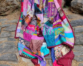 Bohemian patchwork silk sari kantha quilt handmade twin size cotton fabric blankets gifts for mom