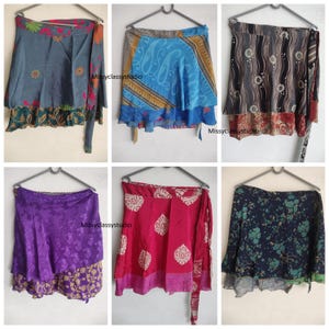 Lot of vintage silk sari skirt boho reversible flowy mini wrap skirt recycled women outfit