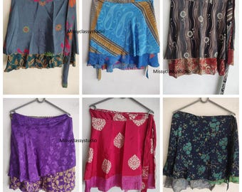 Lot of vintage silk sari skirt boho reversible flowy mini wrap skirt recycled women outfit