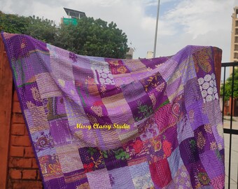 Vintage silk sari throw indian kantha quilt patchwork floral bedspread boho throw