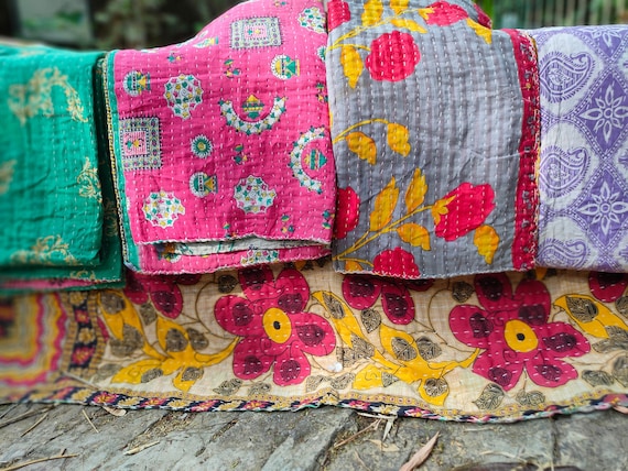wholesale lot of indian vintage kantha quilt handmade throw reversible blanket bedspread cotton fabric bohemian quilting twin size bed cover