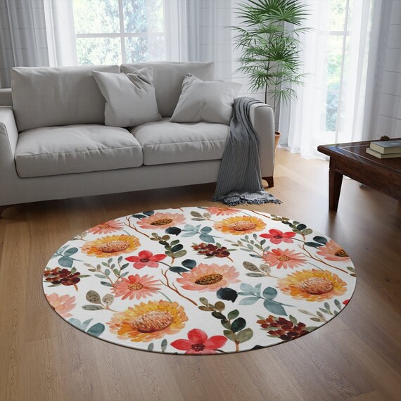 Round Floral Rug Large Round Rug Floral Rug Kids Bedroom Etsy