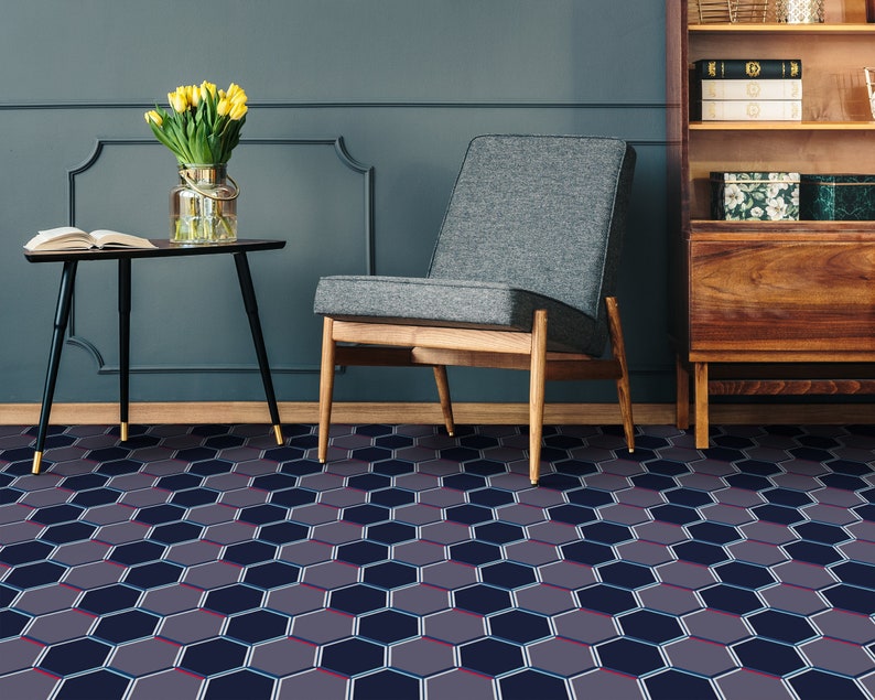 Hexagon Bauhaus Abstract Vinyl Flooring Blue Sheet Vinyl Etsy UK