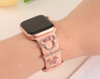 Bracelet Apple Watch Disneyland avec breloques, bracelets en silicone gravés château et anneaux scintillants pour iWatch série 9 8 7 6 5 4 3 2SE Ultra (38 mm-49 mm)