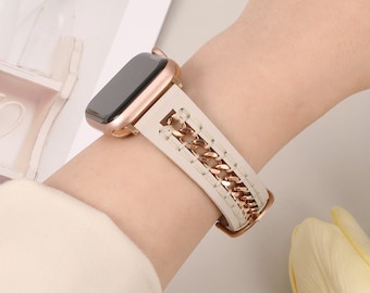 Leather Apple Watch Band 38/40/41/42/44/45/49mm Women，Designer Leather Strap with Metal Hollow-out Chain Bracelet for iWatch Series 9 -1 SE