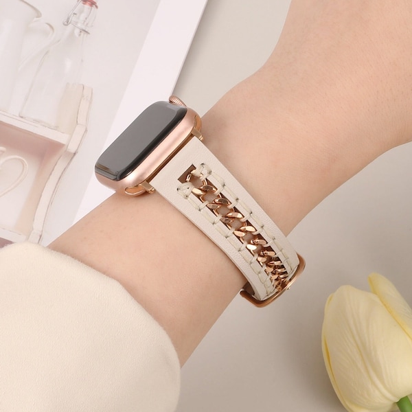 Bracelet pour Apple Watch en cuir 38/40/41/42/44/45/49 mm femme， Bracelet en cuir de créateur avec chaîne évidée en métal pour iWatch série 9-1 SE