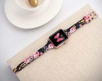 Dünnes Schwarz Rosa Florales Lederband für Apple Watch Band 38mm 40mm 41mm Frauen Schlankes Lederarmband für iwatch Series 7 SE 6 5 4 3 2 1