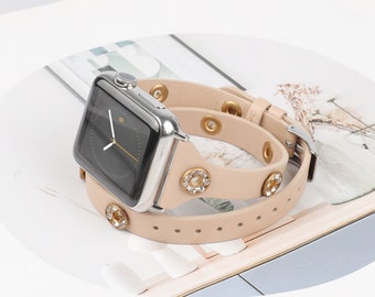 Bracelets en cuir à double enveloppe Apple Watch 38mm 40mm 41mm 42mm 44mm Bracelets fermoirs pour femmes avec rivets en diamant pour iWatch Series 8 7 SE 6 5 4 3 2 1